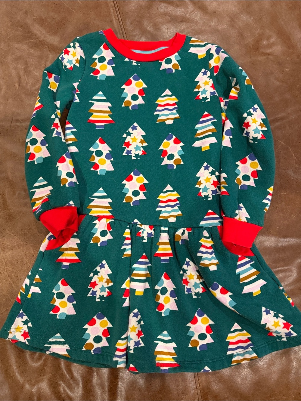 Mini Boden Girls Green Christmas Tree Print Dress